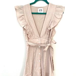 618 Beige Swiss Dot Ruffle Button Tie Dress Size S